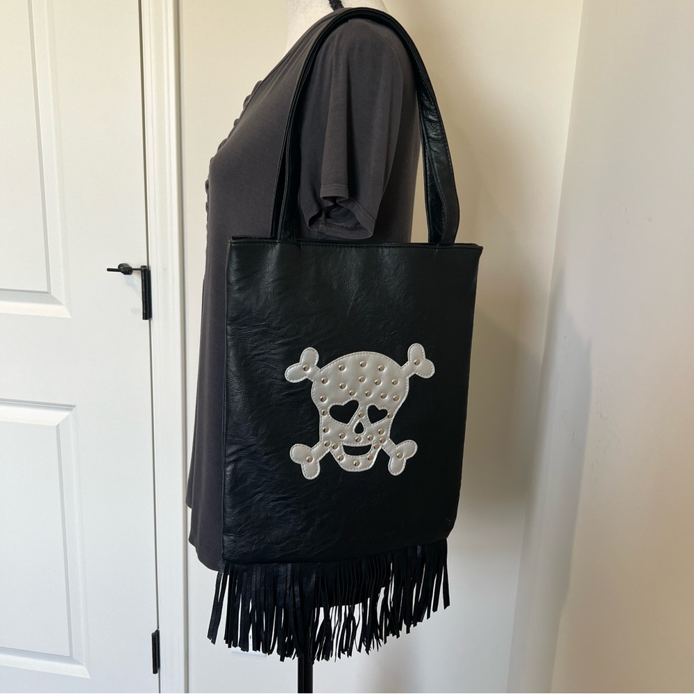 NWOT Goth Moto Faux Leather Bag w/Skull & Crossbones, Studs, Fringe, Halloween